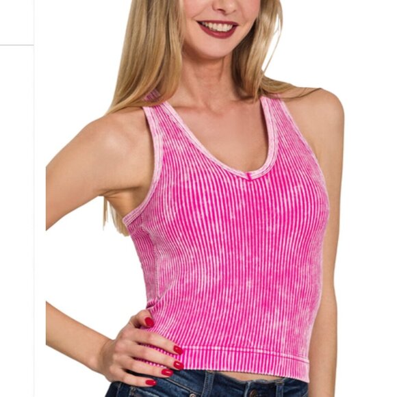 Zenana Outfitters Tops - NEW ZENANA WASHED SEAMLESS BRA PADDED V-NECK CROPPED TANK HOT PINK S/M L/XL